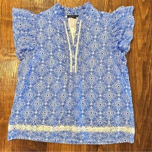 VINEYARD VINES Women’s Ruffle Sleeve Top Allover Print Blue White Lined Size S